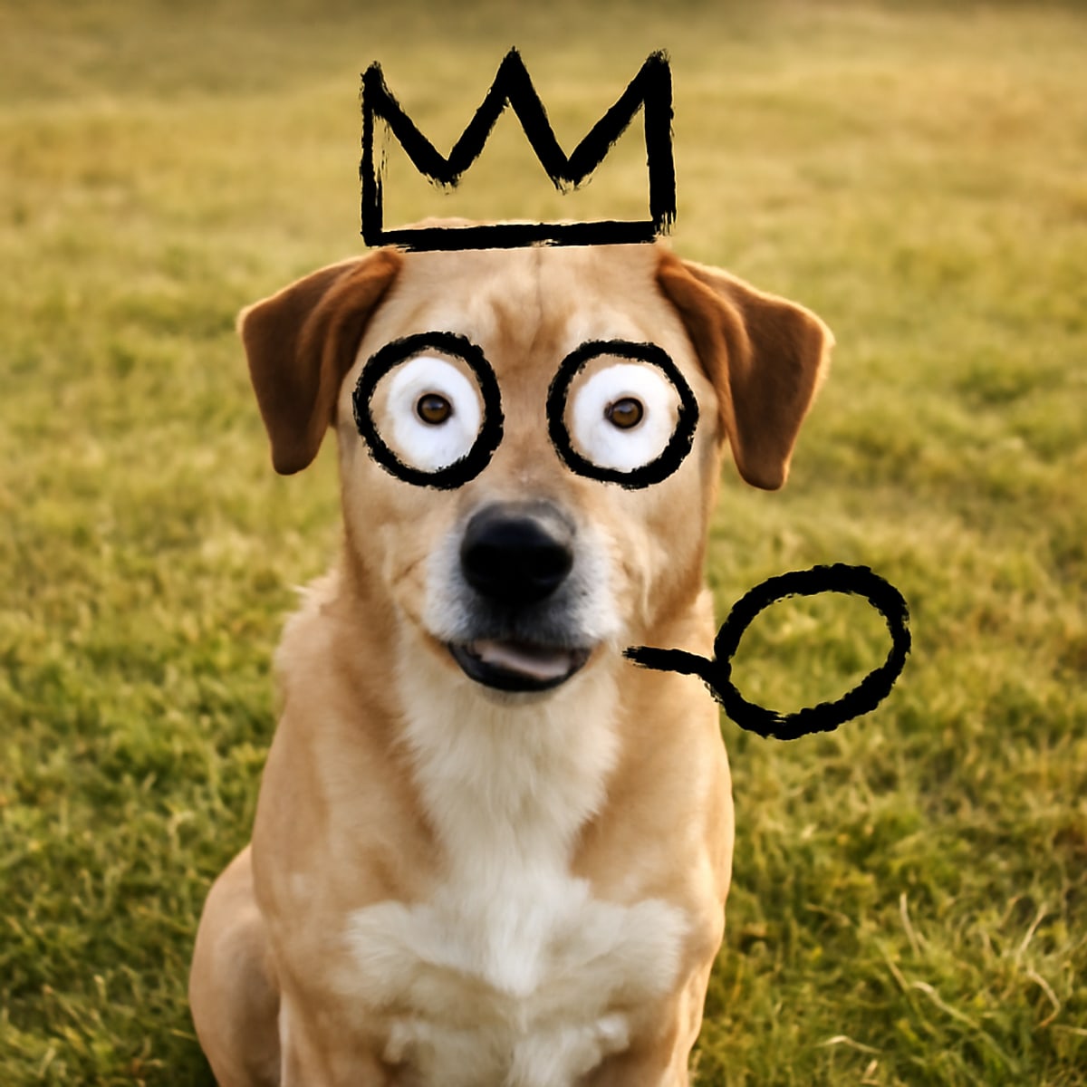 a tan and white dog sitting in a sunlit grassy field with a crooked black marker crown, two oversized mismatched googly-eye circles, and an empty scribbled speech bubble doodled directly on top of the photo